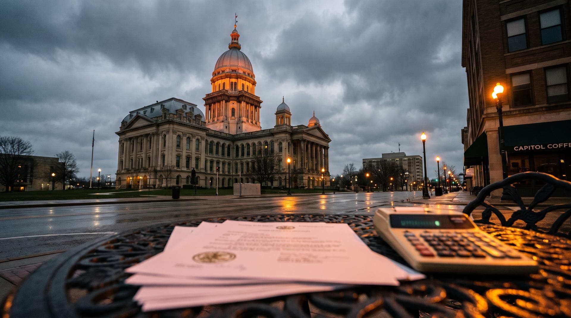 The Illinois State Capitol at dusk with paperwork and a calculator in the foreground