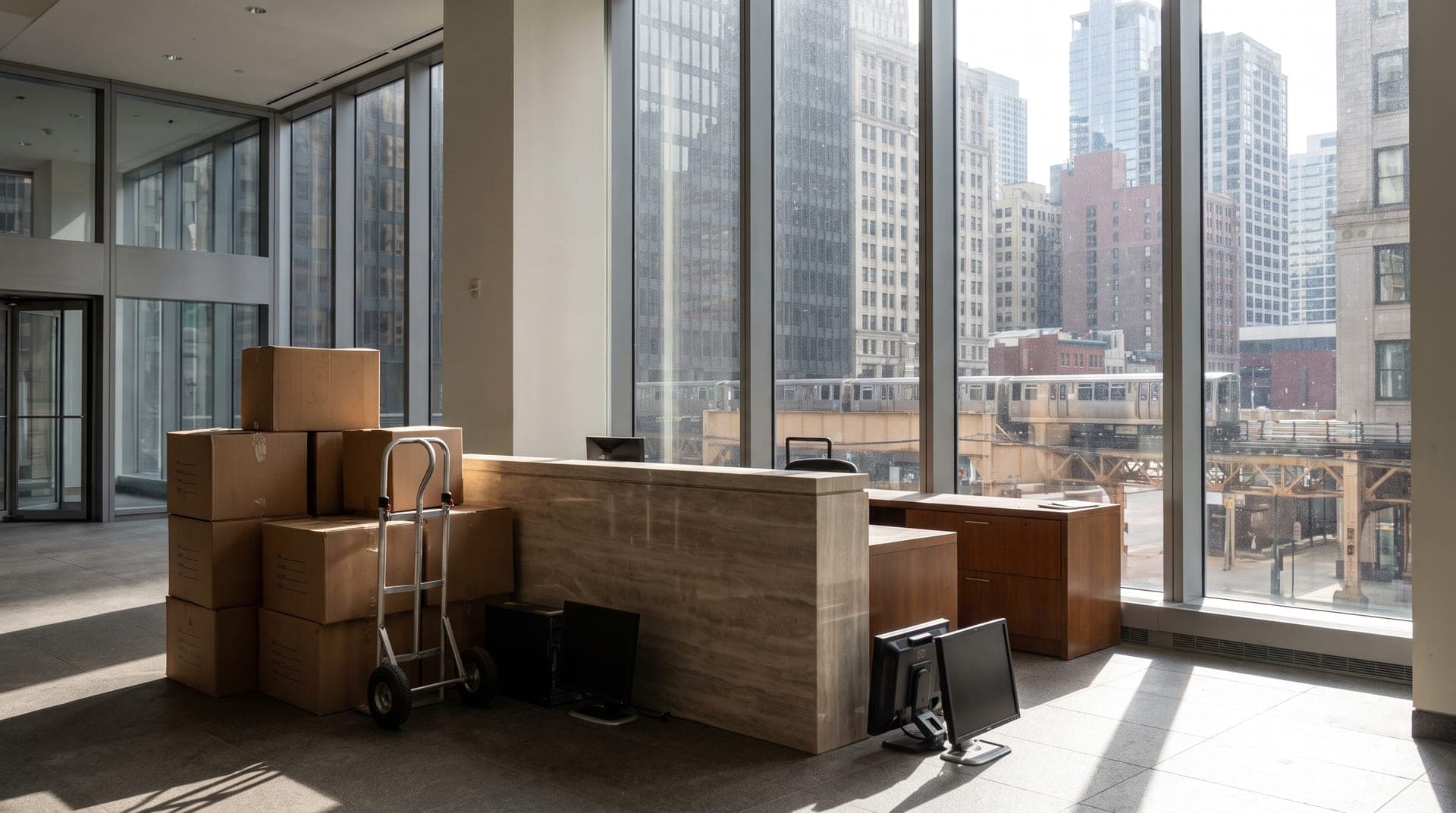An emptied corporate lobby in a downtown Chicago office tower with moving crates