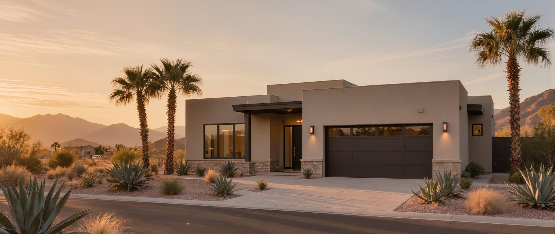Contemporary Henderson home with a three-car garage at golden hour
