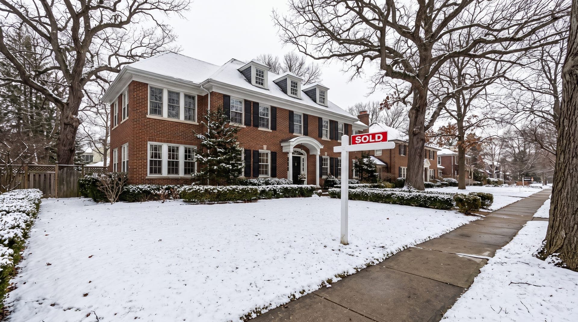 A brick Georgian home in a Chicago suburb with a sold sign on a snowy lawn