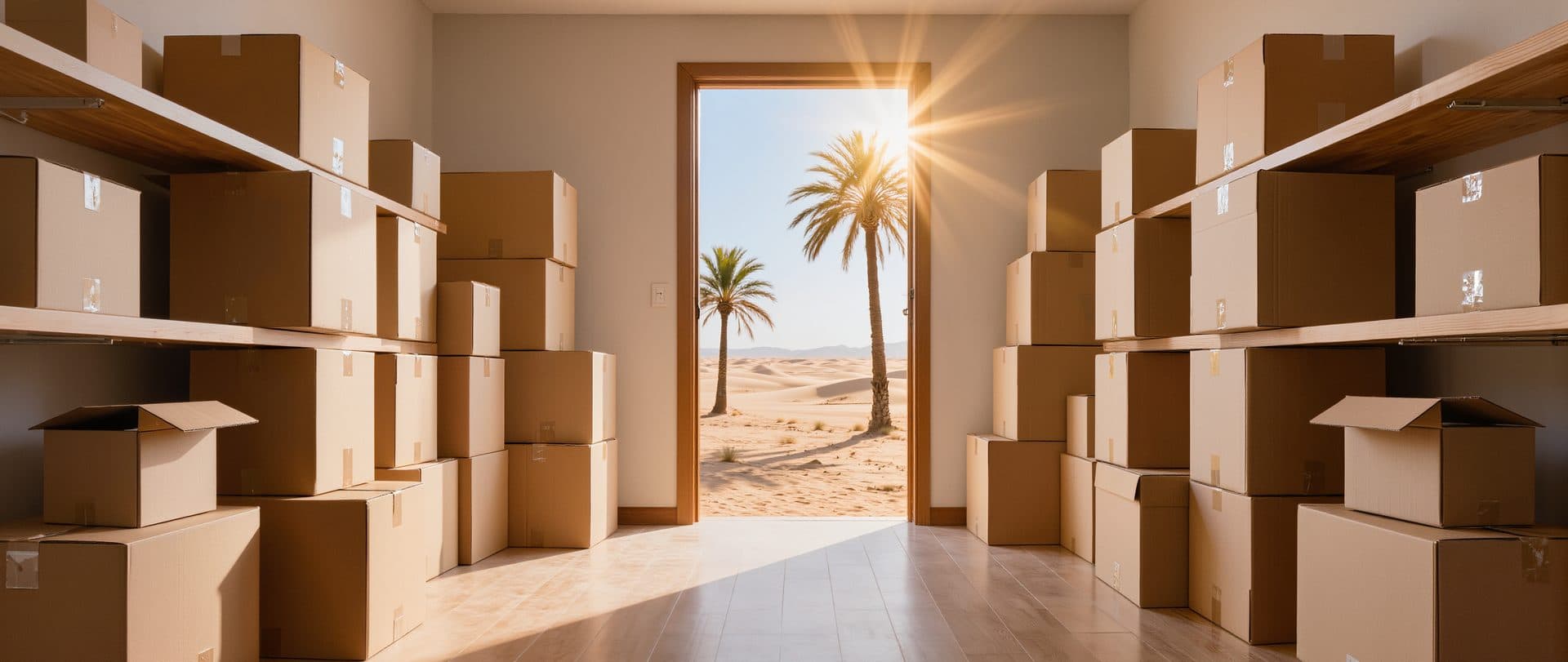 Packed moving boxes with palm trees through the open front door