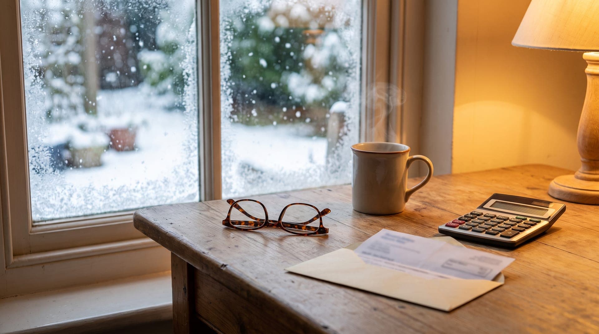A property tax bill, calculator and coffee on a kitchen table beside a snowy window