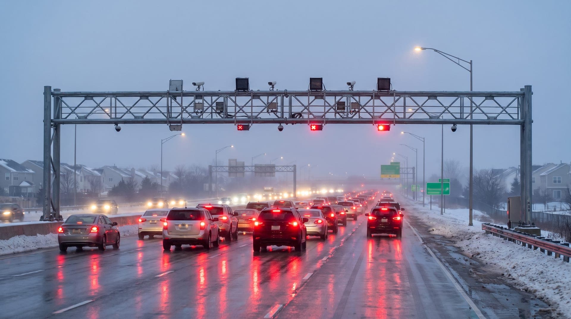 An electronic toll gantry over a congested Illinois expressway at dusk