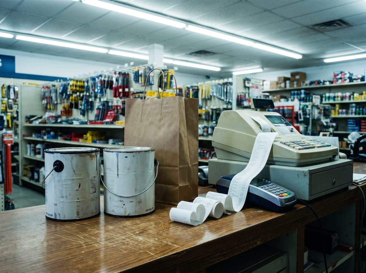 Two gallons of paint, a paper bag and a long receipt on a hardware-store counter