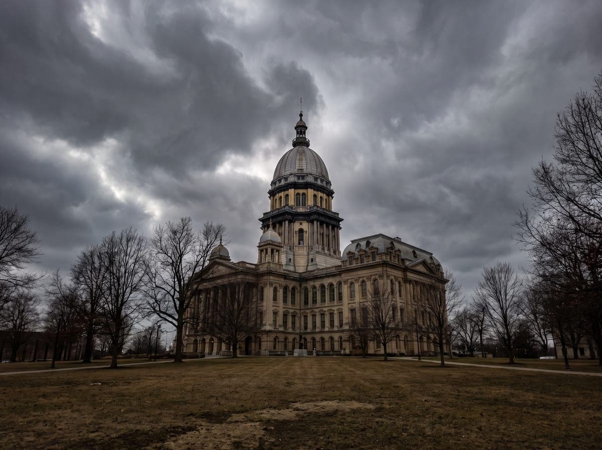 The Illinois State Capitol dome in Springfield under heavy gray clouds
