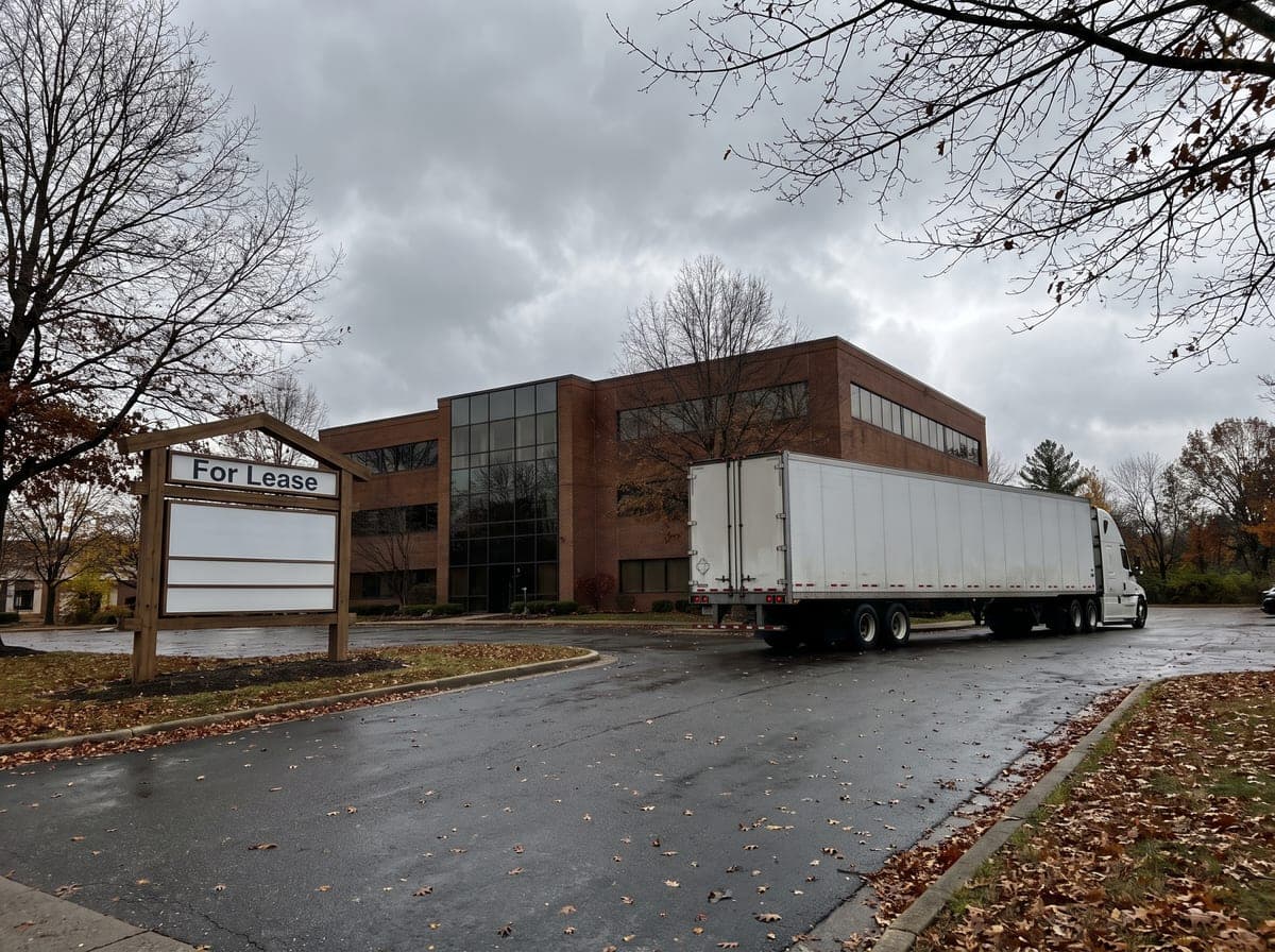 A semi truck pulling away from the loading dock of a suburban Illinois corporate campus in autumn