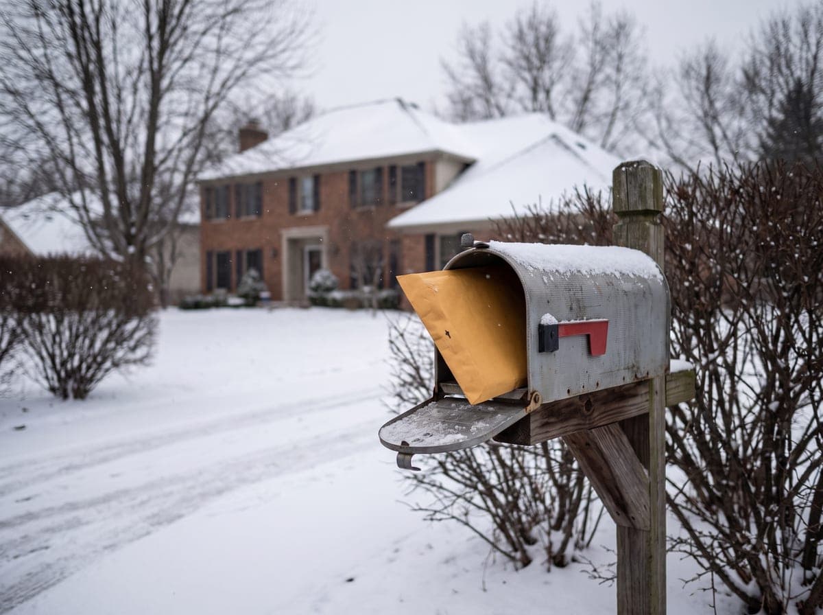 A thick tax-bill envelope in a suburban Chicago mailbox on a snowy driveway
