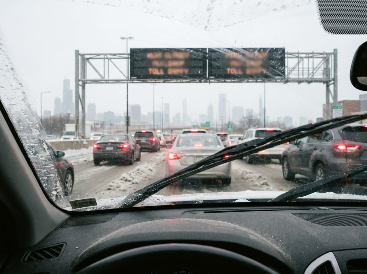 Windshield view of stop-and-go traffic under an Illinois toll gantry on a slushy morning