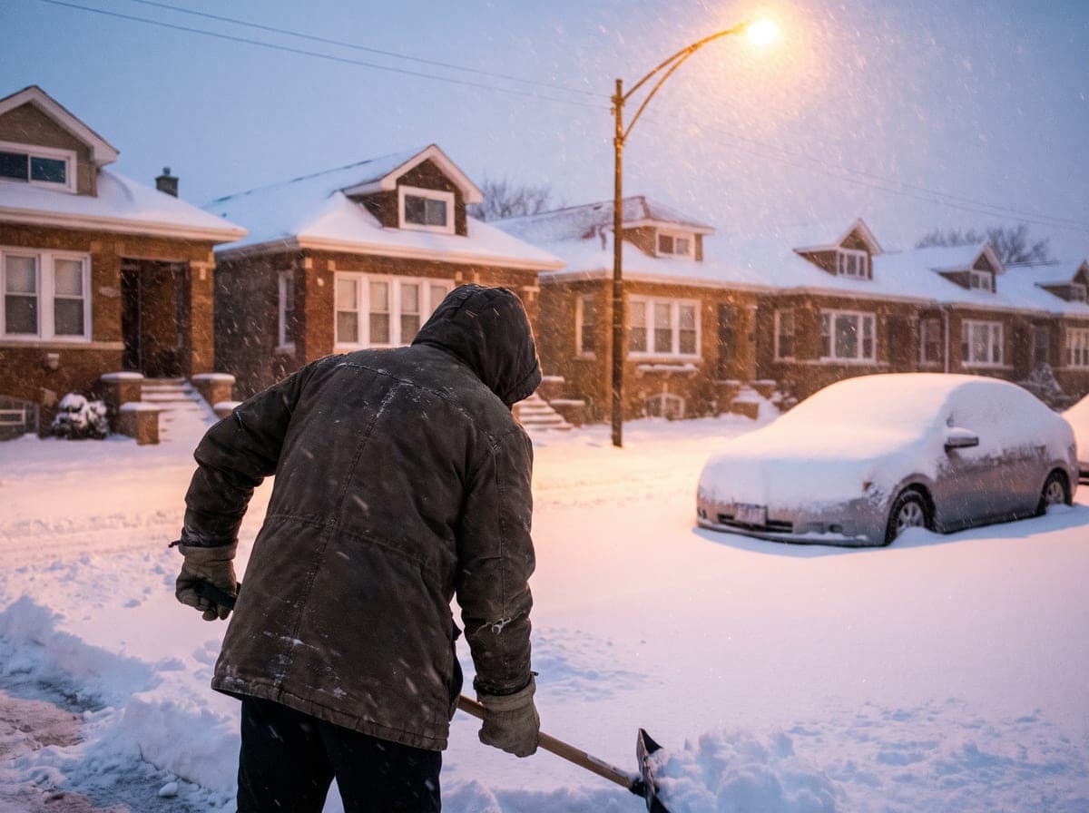 A person shoveling a snowed-in driveway during a Chicago snowstorm at dusk